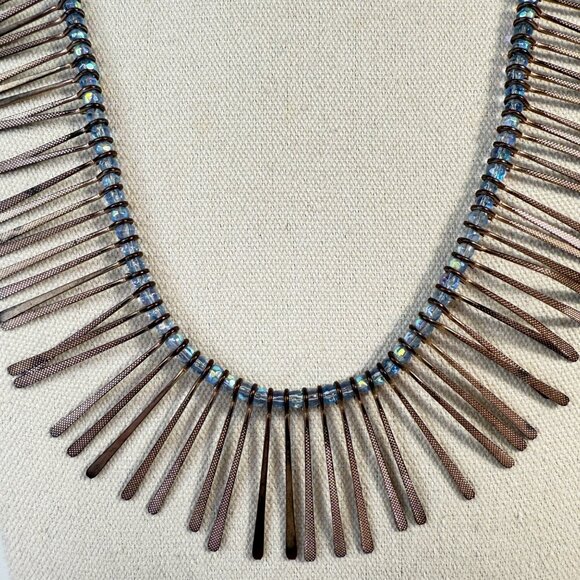 Cleopatra Fringe Necklace Silver Tone Blue Beads Long Length Statement - Picture 2 of 8